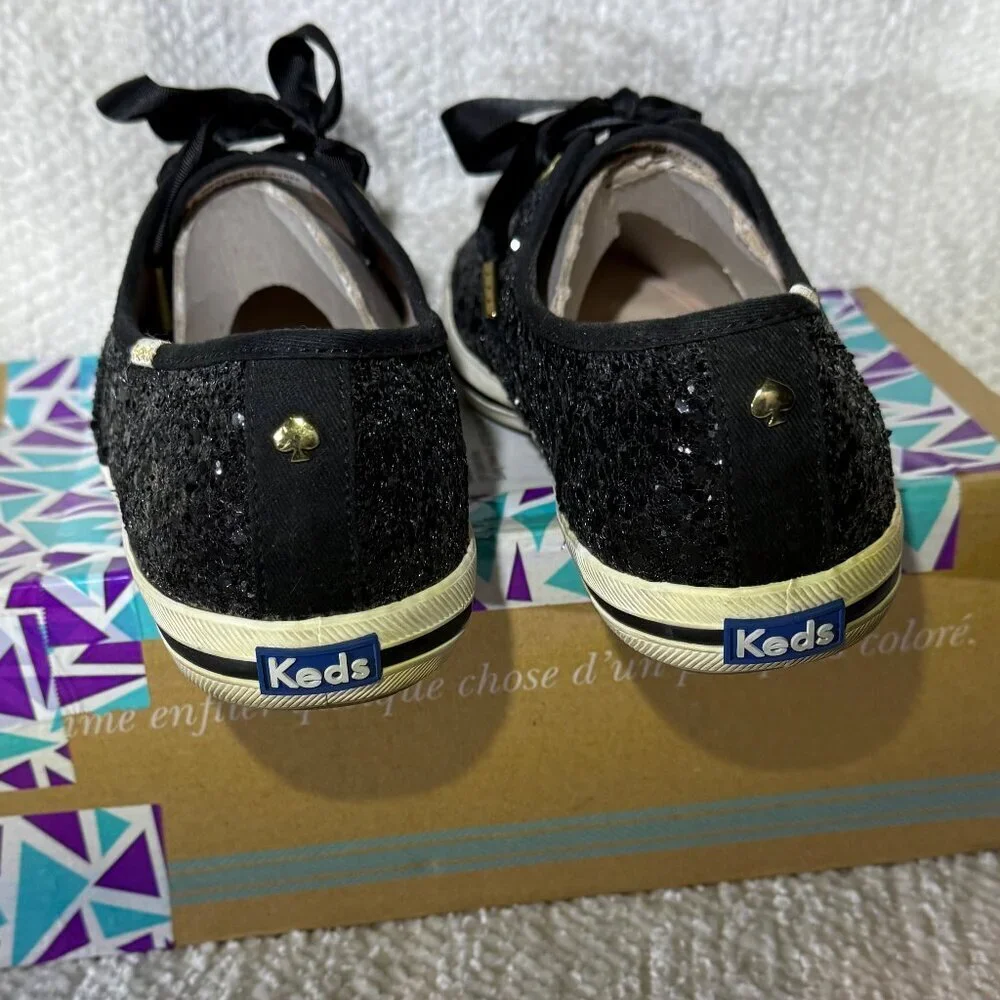 Keds x kate spade Black Glitter Sneakers Women's‎ 9.5 Ribbon Laces EUC